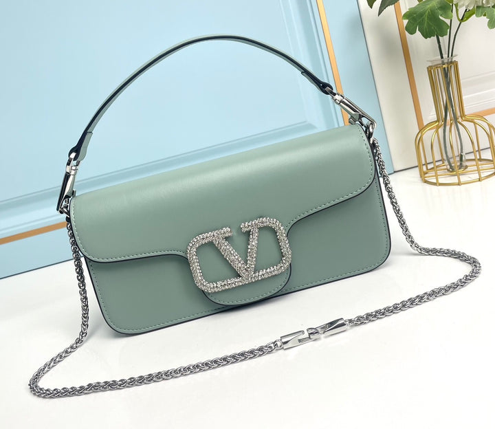 Light Green Crystal Embellished Cowhide Handbag-M069