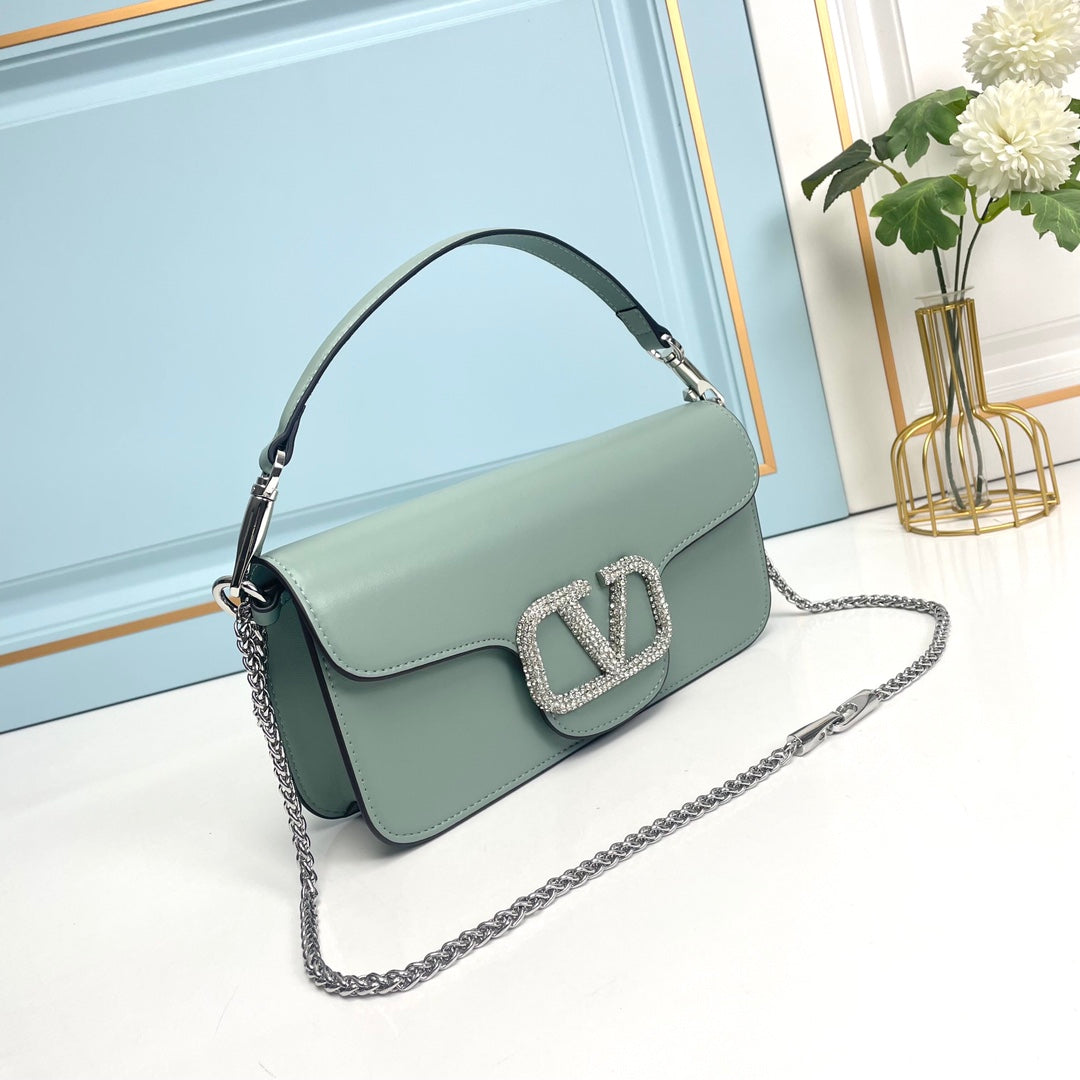 Light Green Crystal Embellished Cowhide Handbag-M069