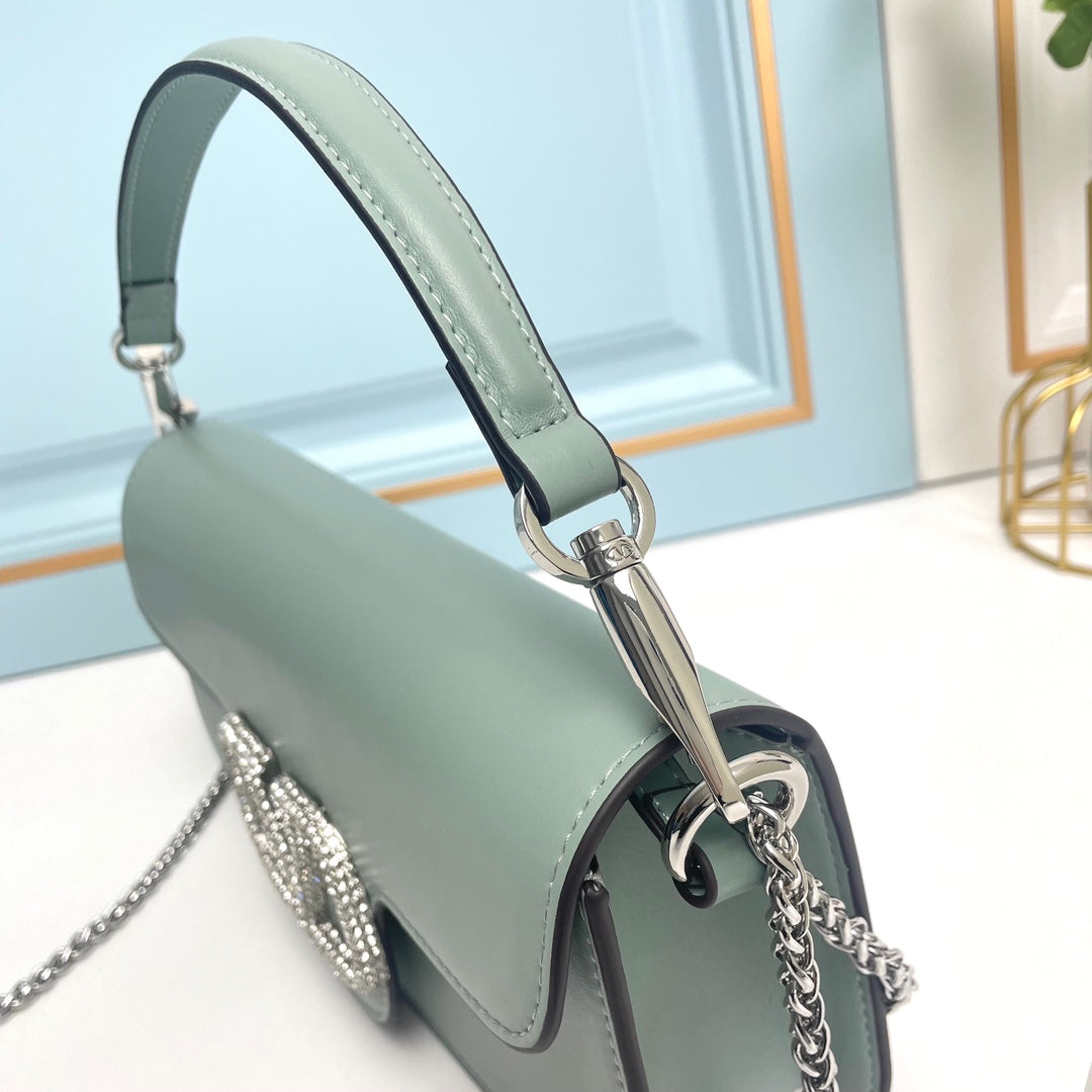 Light Green Crystal Embellished Cowhide Handbag-M069