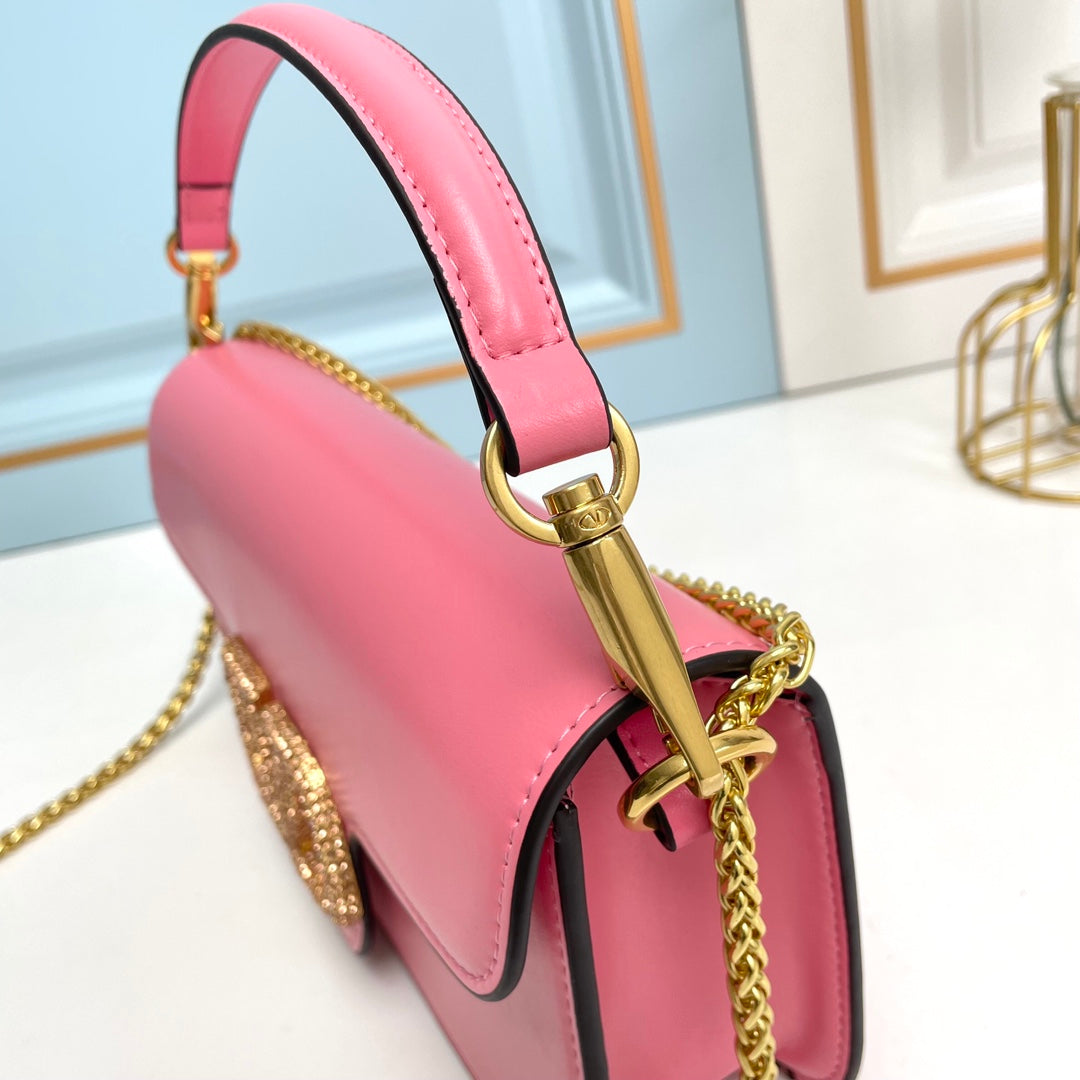 Pink Crystal Embellished Cowhide Handbag-M069