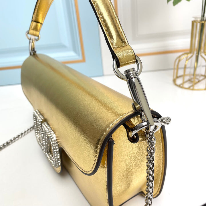 Gold Crystal Embellished Cowhide Handbag-M069