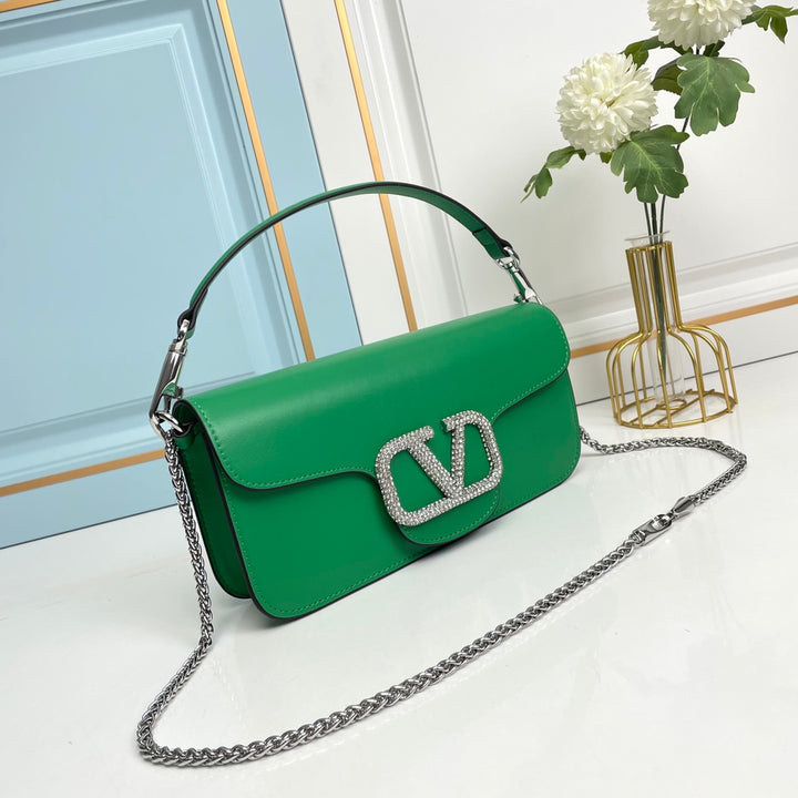 Green Crystal Embellished Cowhide Handbag-M069