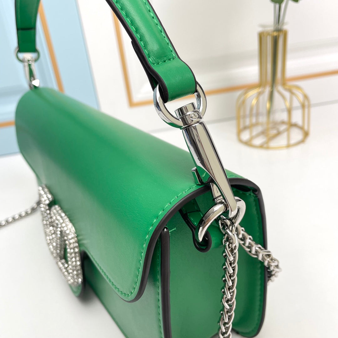 Green Crystal Embellished Cowhide Handbag-M069