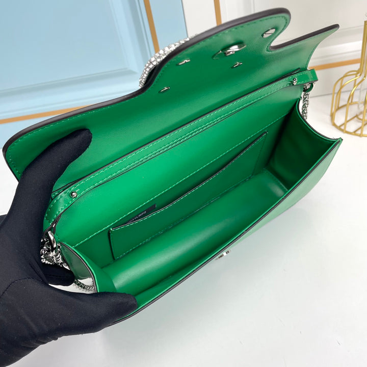 Green Crystal Embellished Cowhide Handbag-M069