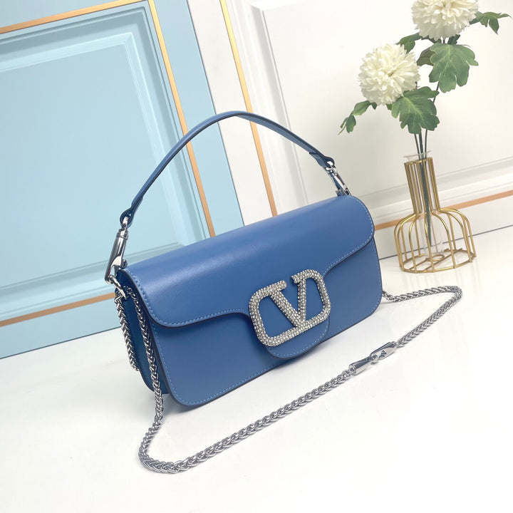 Blue Crystal Embellished Cowhide Handbag-M069