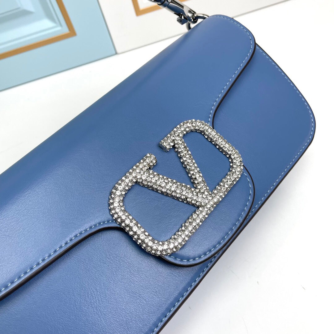 Blue Crystal Embellished Cowhide Handbag-M069