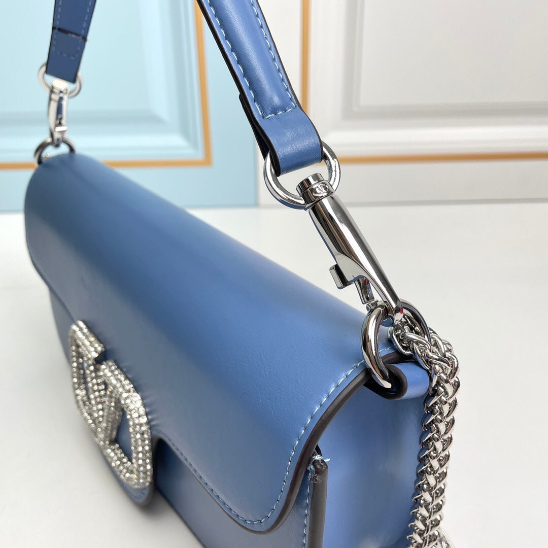 Blue Crystal Embellished Cowhide Handbag-M069