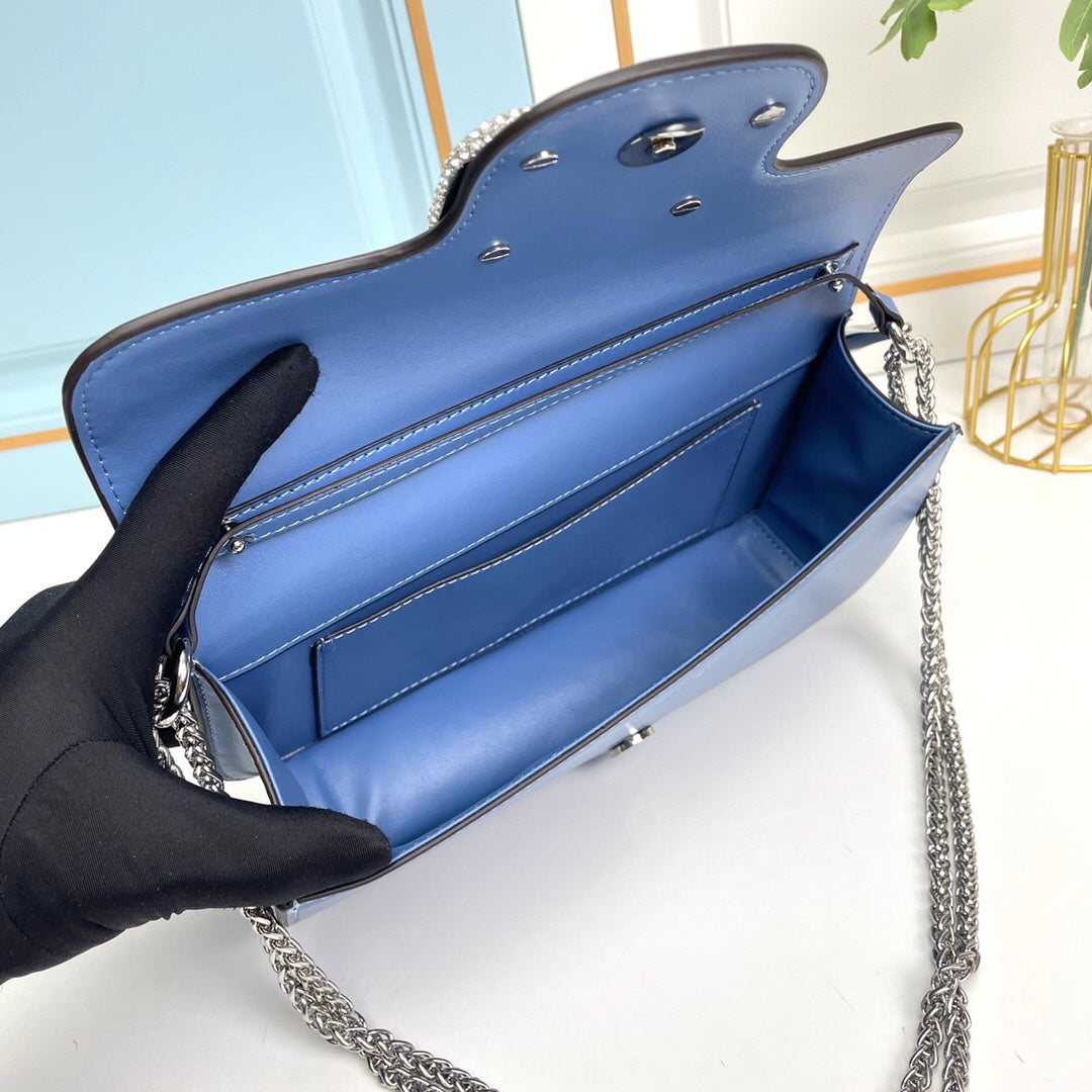 Blue Crystal Embellished Cowhide Handbag-M069