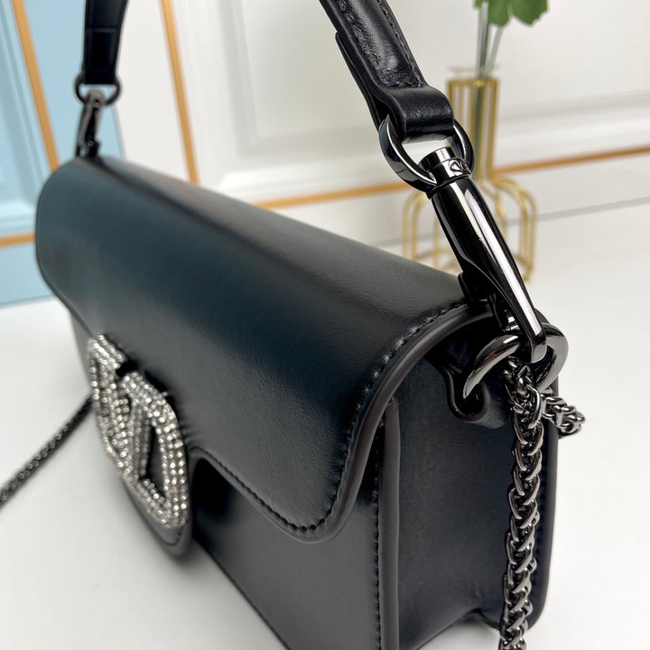 Black Crystal Embellished Cowhide Handbag-M069