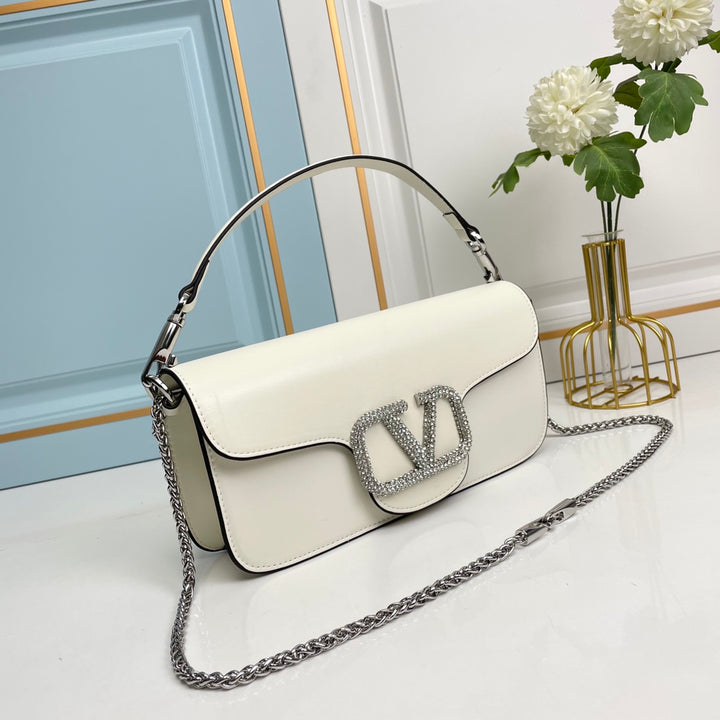 White Crystal Embellished Cowhide Handbag-M069