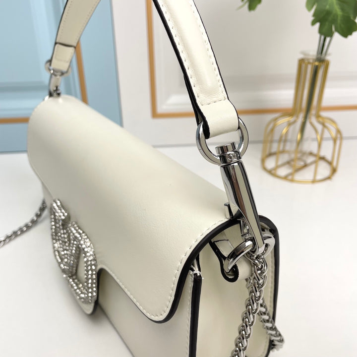 White Crystal Embellished Cowhide Handbag-M069