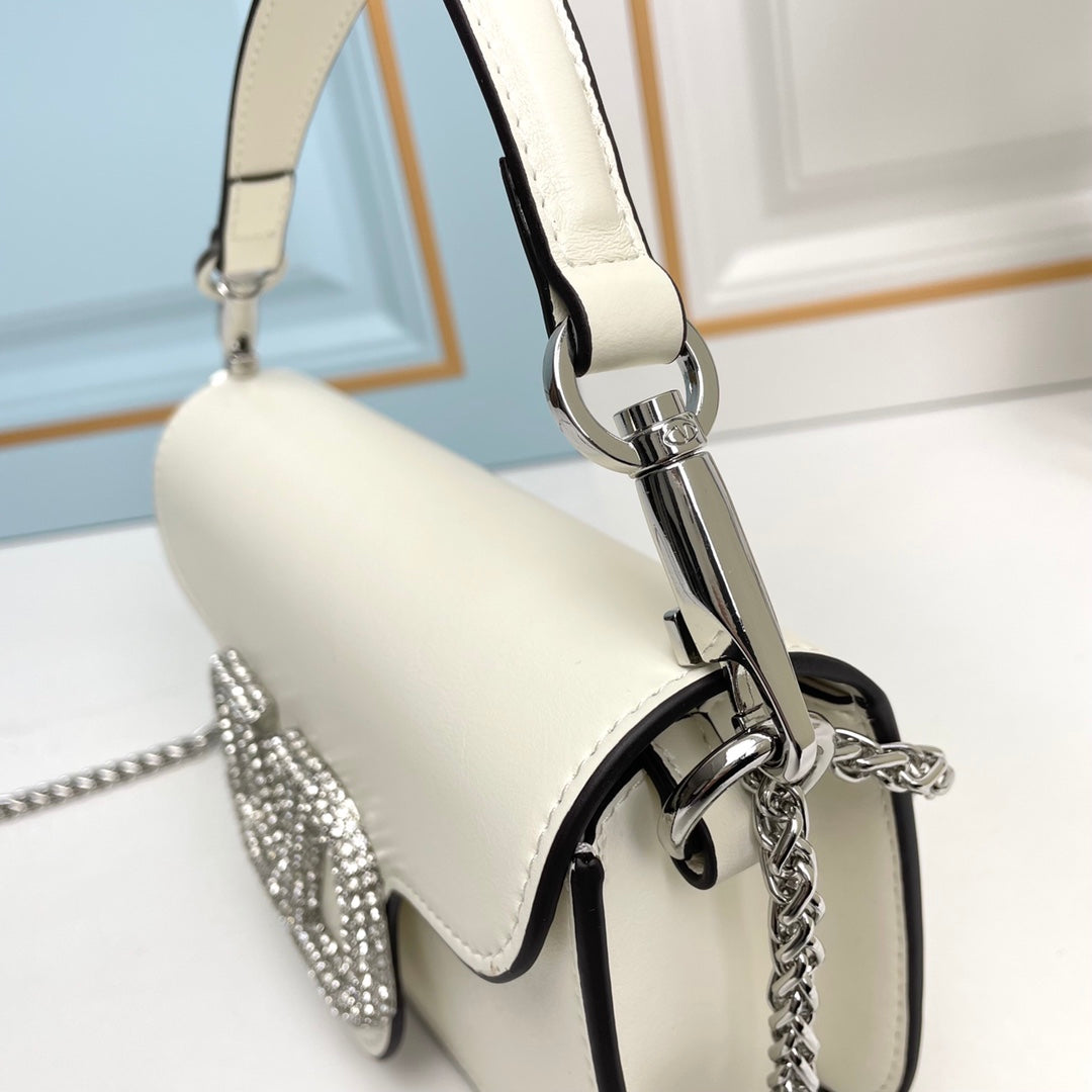 White Crystal Embellished Cowhide Handbag-M069