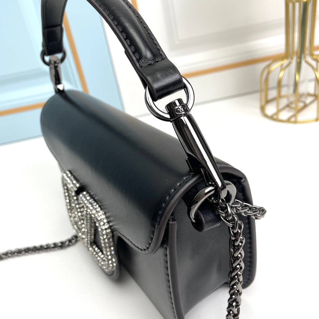 Black Crystal Embellished Cowhide Handbag-M069