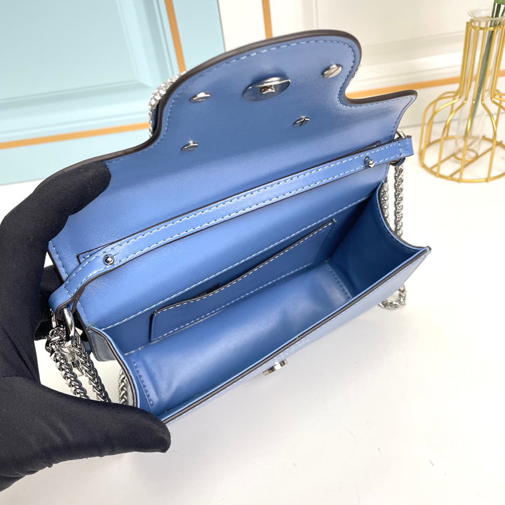 Blue Crystal Embellished Cowhide Handbag-M069