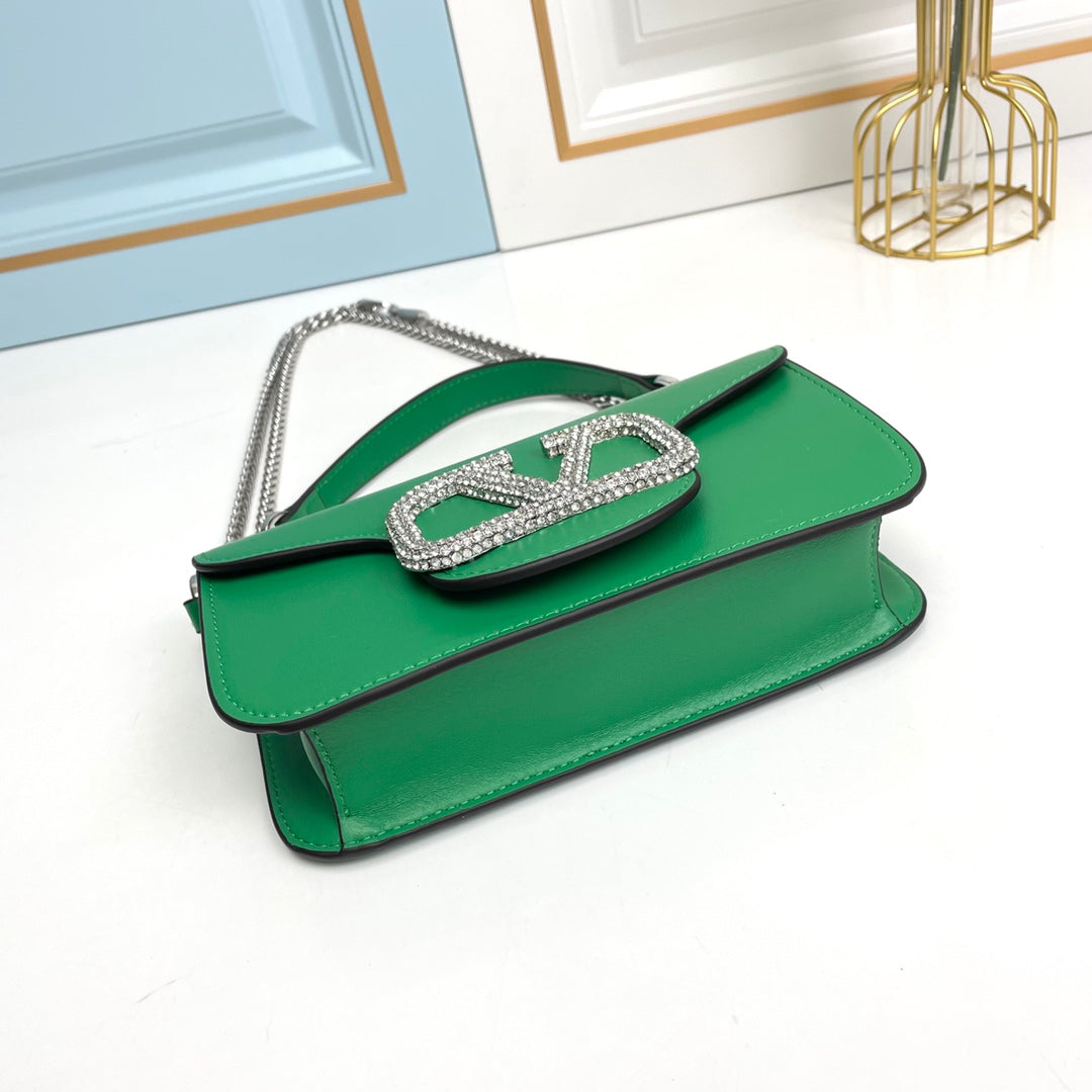 Green Crystal Embellished Cowhide Handbag-M069