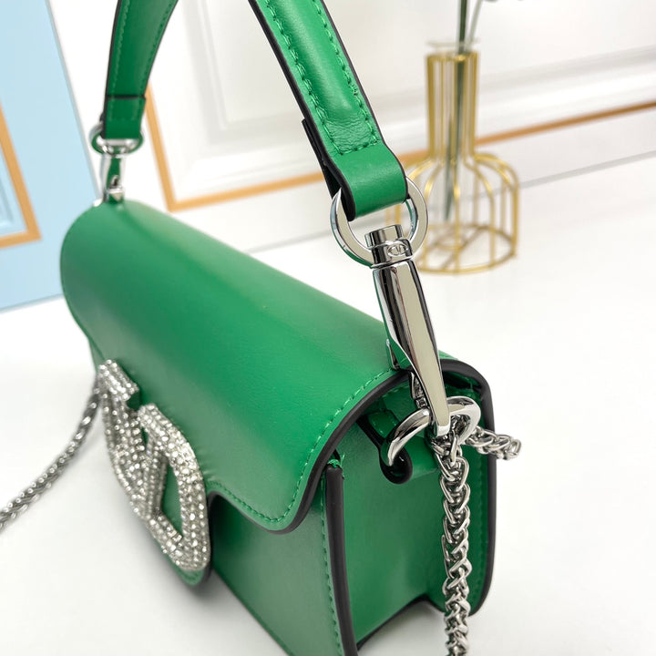 Green Crystal Embellished Cowhide Handbag-M069