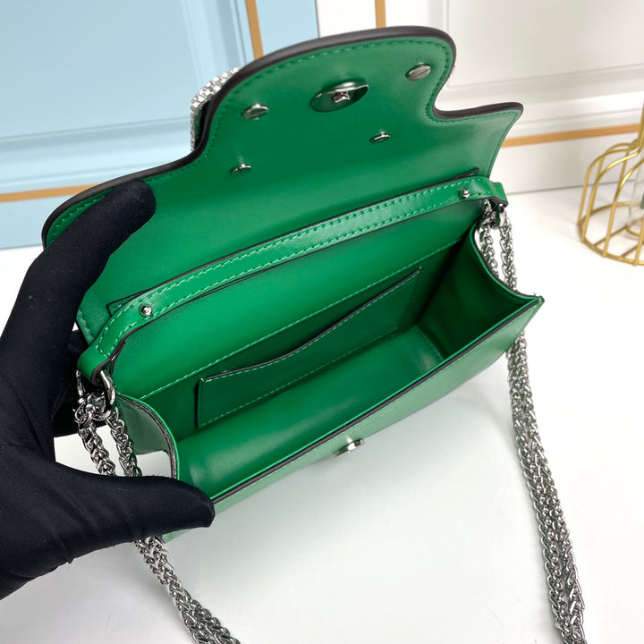 Green Crystal Embellished Cowhide Handbag-M069