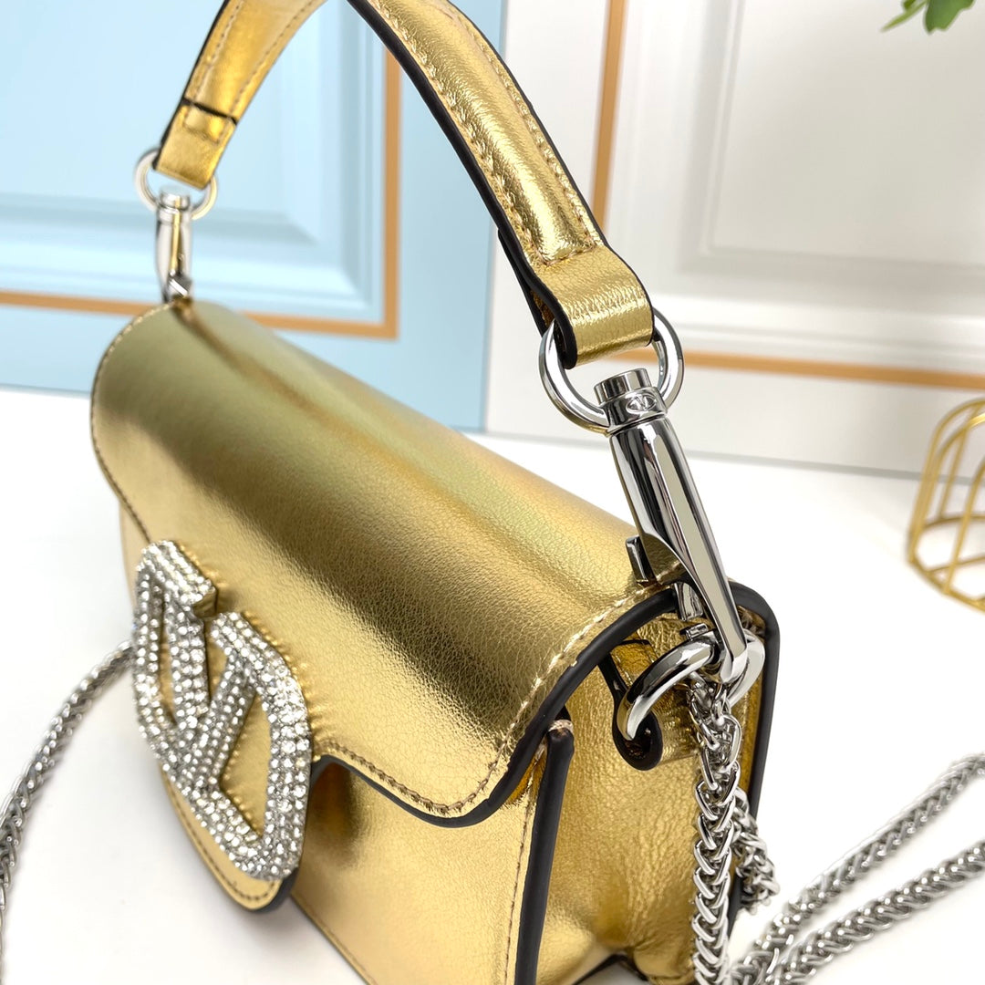 Gold Crystal Embellished Cowhide Handbag-M069