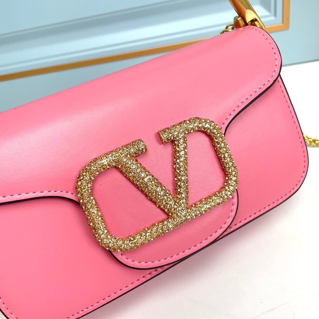 Pink Crystal Embellished Cowhide Handbag-M069