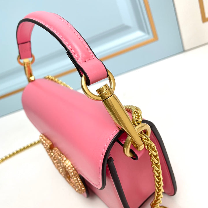 Pink Crystal Embellished Cowhide Handbag-M069