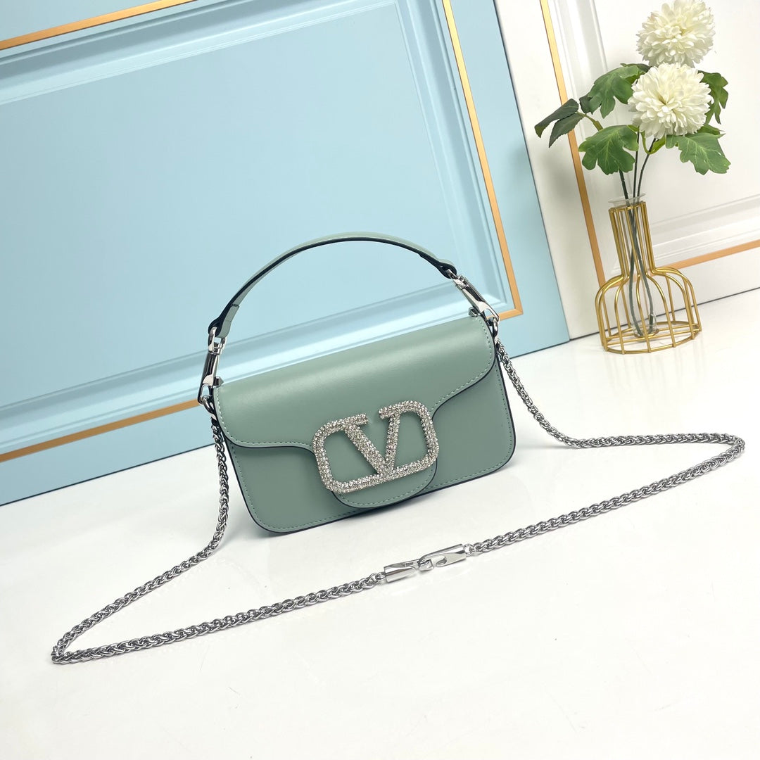 Light Green Crystal Embellished Cowhide Handbag-M069