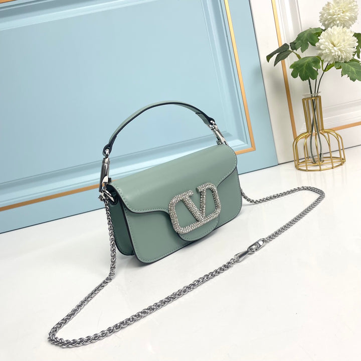 Light Green Crystal Embellished Cowhide Handbag-M069