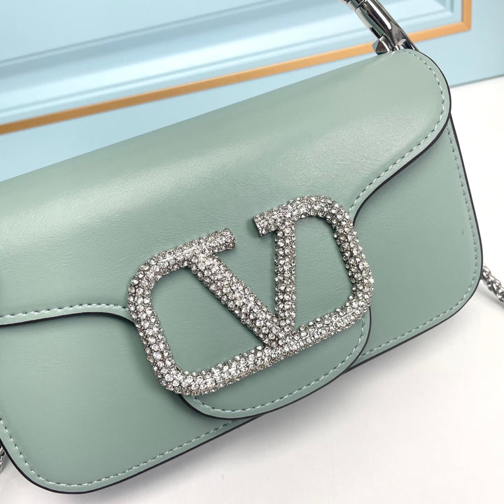 Light Green Crystal Embellished Cowhide Handbag-M069