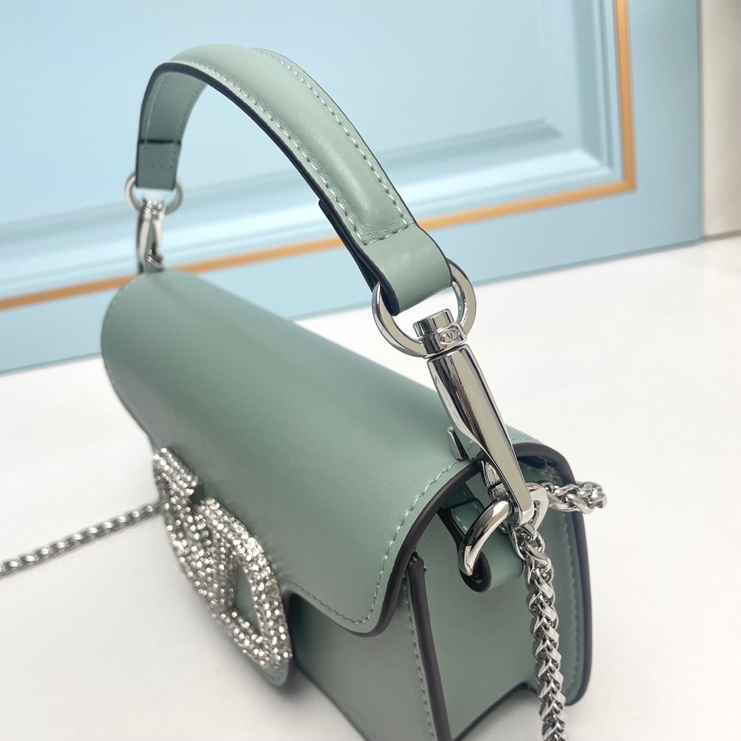 Light Green Crystal Embellished Cowhide Handbag-M069