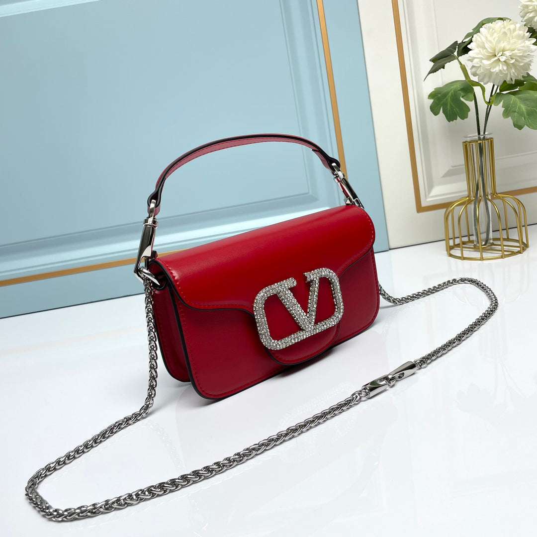 Red Crystal Embellished Cowhide Handbag-M069