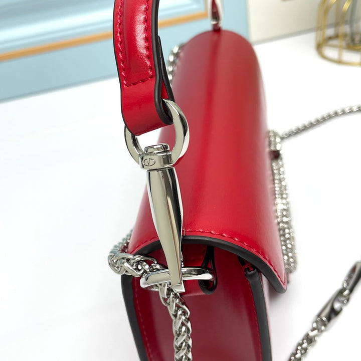 Red Crystal Embellished Cowhide Handbag-M069