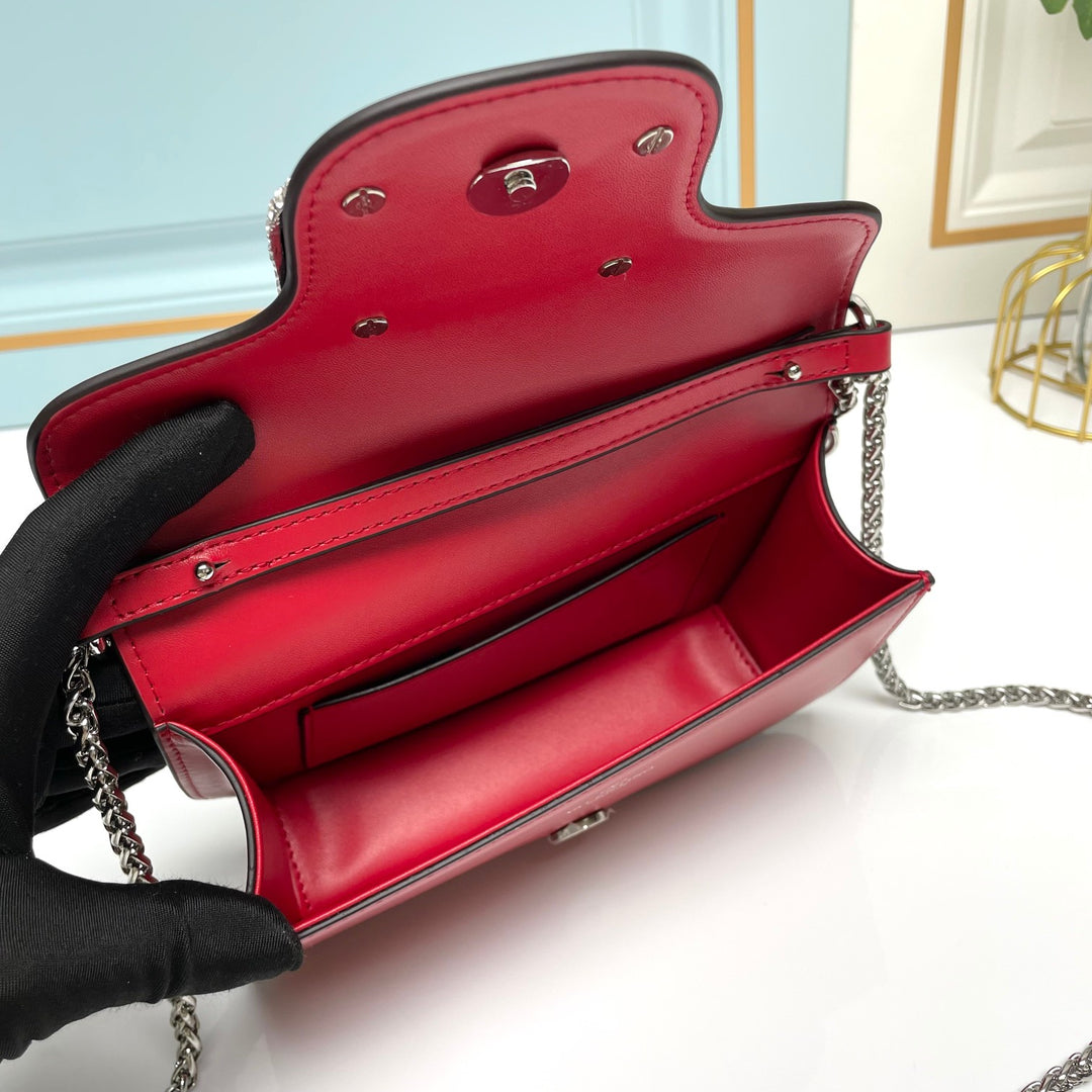 Red Crystal Embellished Cowhide Handbag-M069