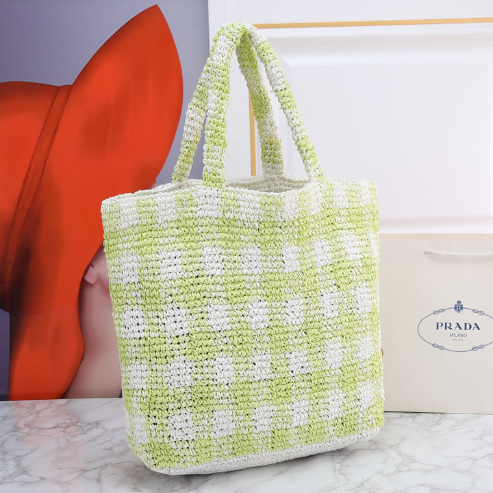 3 Colors-Checkered Pattern Hand Woven Tote Bag