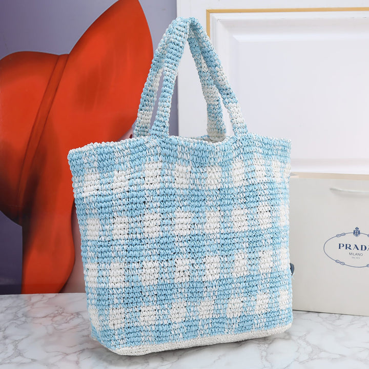 3 Colors-Checkered Pattern Hand Woven Tote Bag