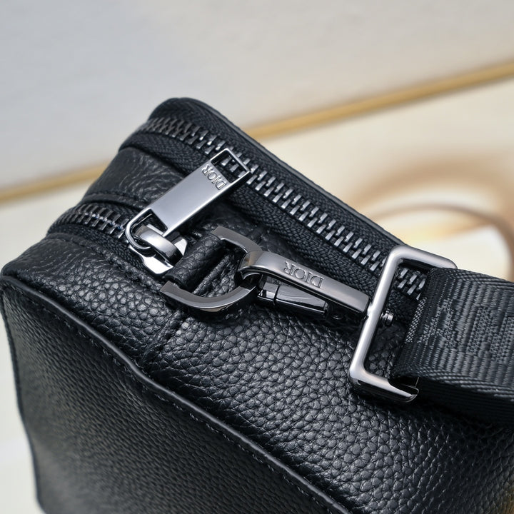 Double Zipper Design Black Cowhide Leather Camera Bag