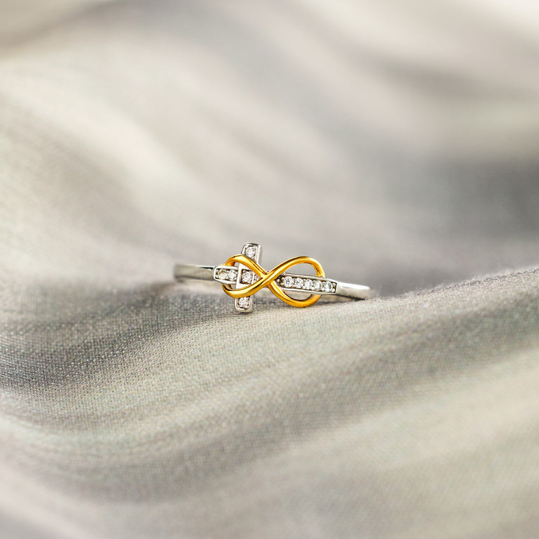 HUG YOU WITH MY PRAYERS INFINITY CROSS RING