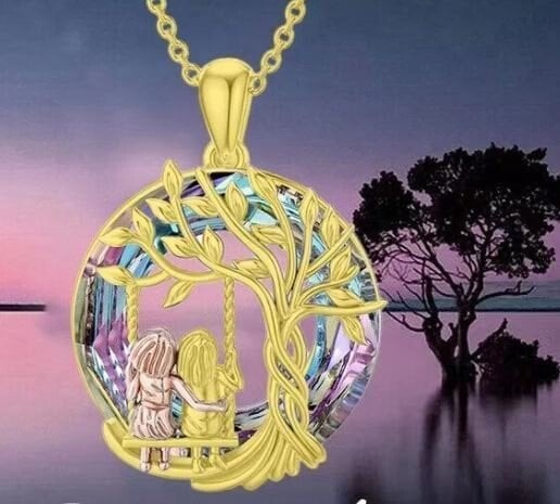 Tree of Life Sister on the Swing Cry-stal Pendant Necklace