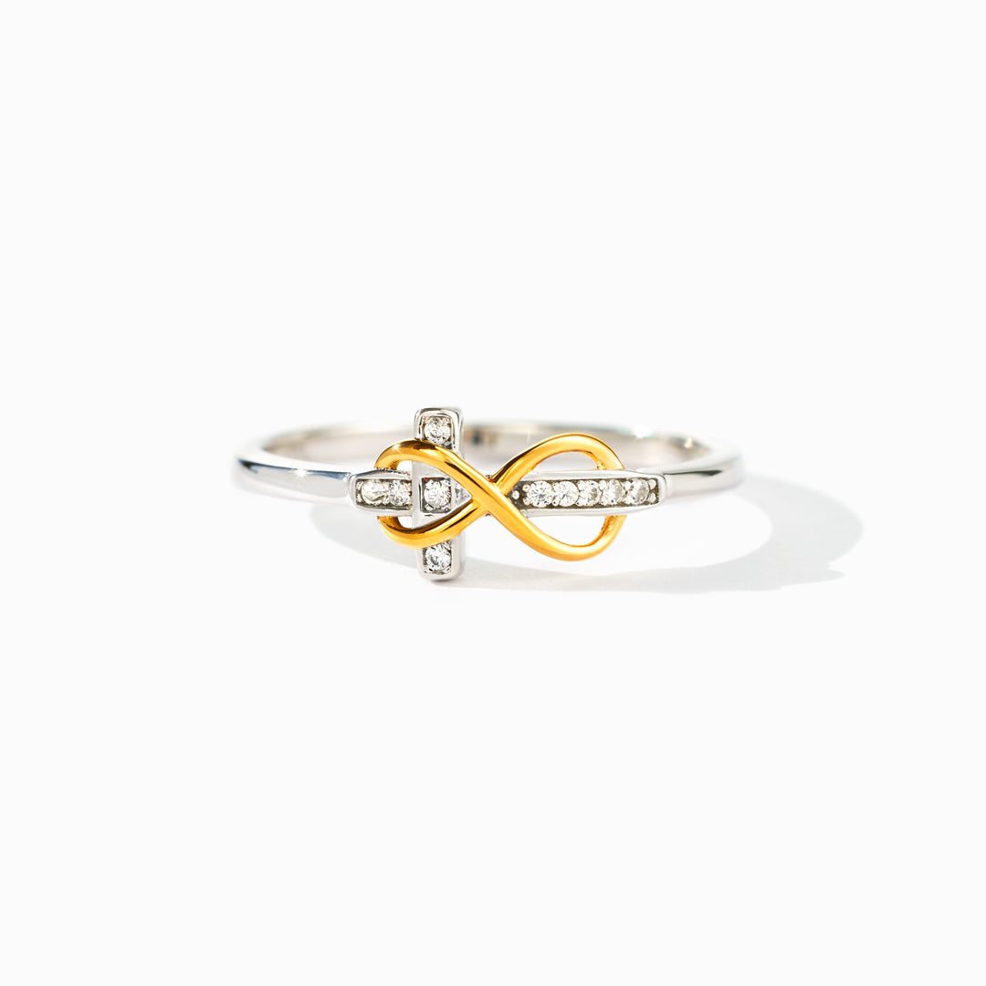 HUG YOU WITH MY PRAYERS INFINITY CROSS RING