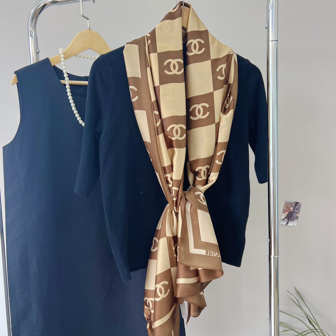 2 Colours Double C Square Long Silk Scarf