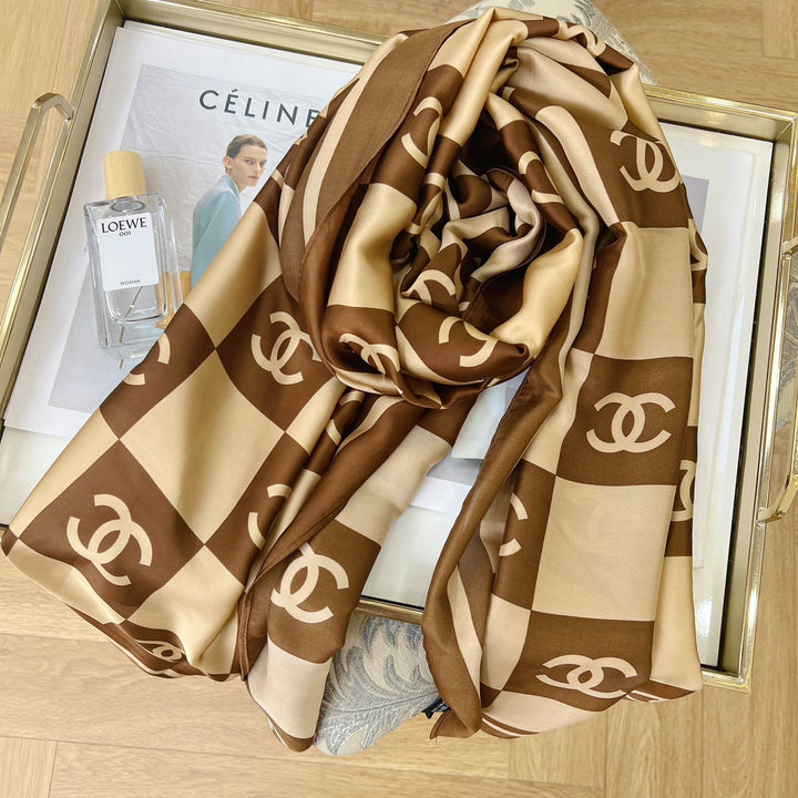 2 Colours Double C Square Long Silk Scarf