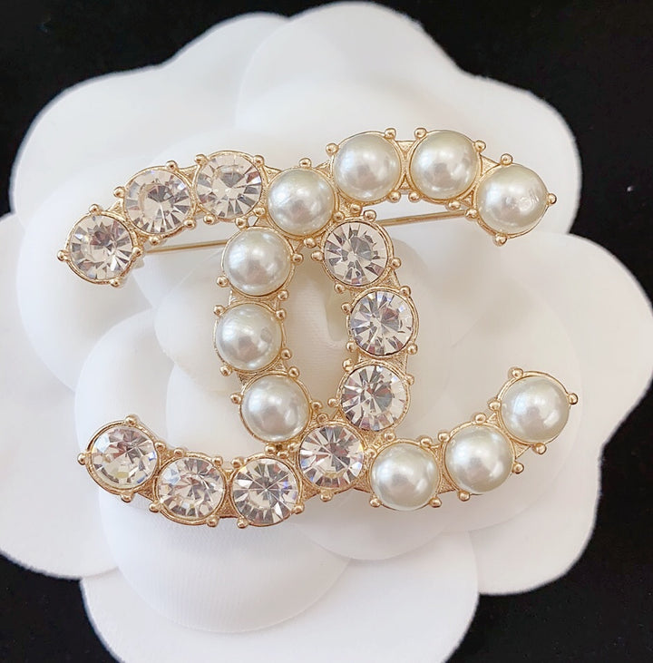 Luxury Double C Rhinestone Pearl Brooch