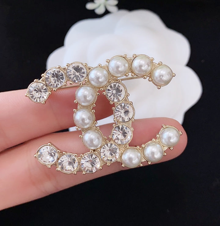 Luxury Double C Rhinestone Pearl Brooch