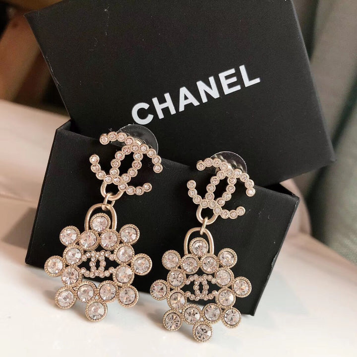 double c dangling round diamond flower earrings