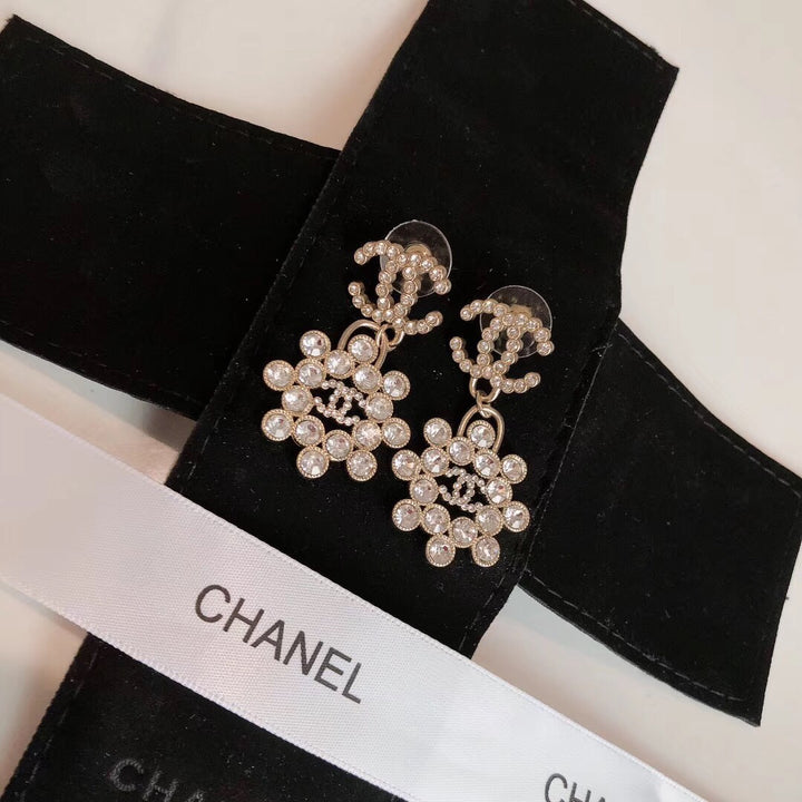 double c dangling round diamond flower earrings