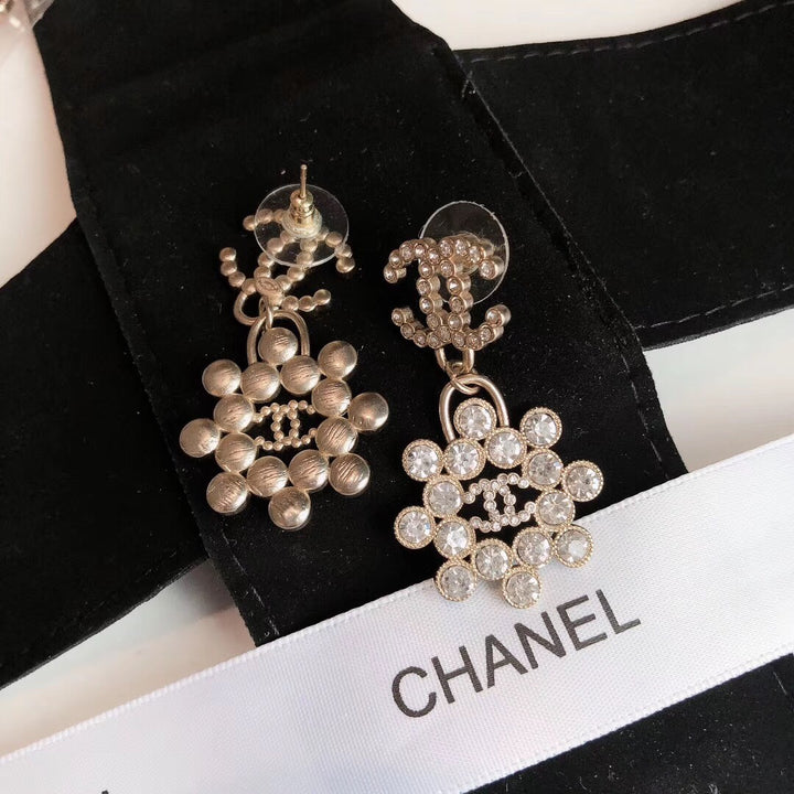 double c dangling round diamond flower earrings