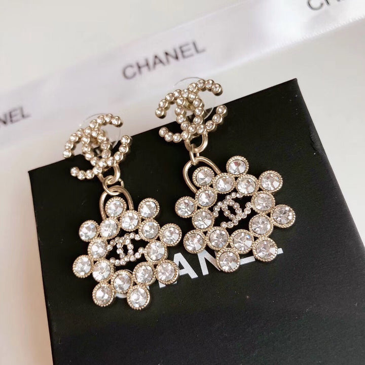 double c dangling round diamond flower earrings