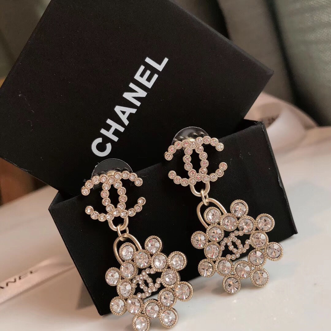 double c dangling round diamond flower earrings