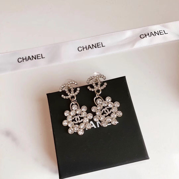 double c dangling round diamond flower earrings