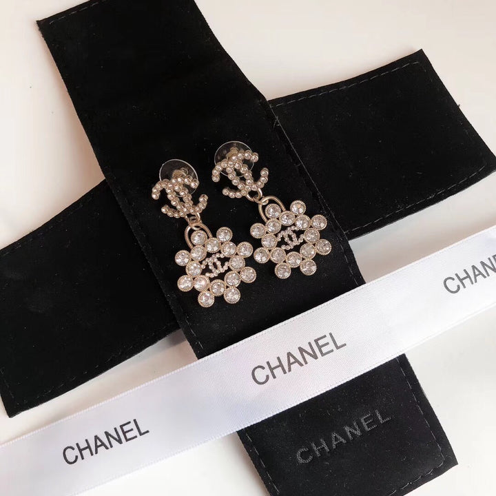 double c dangling round diamond flower earrings