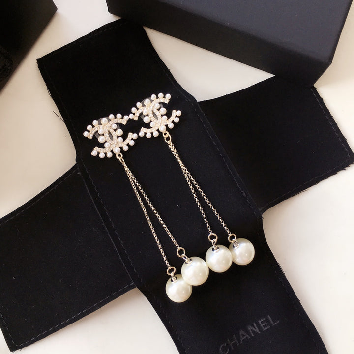 fashion double c dangling pearl tassel earrings