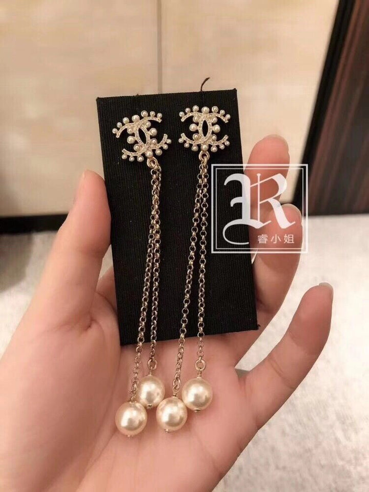 fashion double c dangling pearl tassel earrings